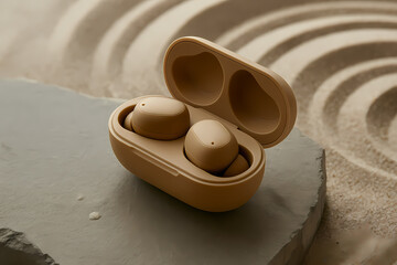 Wireless Earbuds in Open Case on Stone Surface Modern Audio Technology Accessory for Lifestyle Editorial Photography