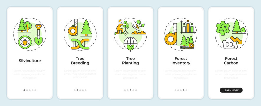 Forest management onboarding mobile app screen. Tree planting. Walkthrough 5 steps editable graphic instructions with linear concepts. UI, UX, GUI. Montserrat SemiBold, Regular fonts used