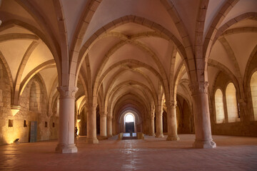 Gothic novice dormitory at Alcobaca Monastery with stone columns and a high vault in a historic Portuguese setting