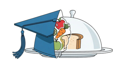 Conceptual illustration merging a blue graduation cap with a transparent food cloche revealing healthy fruits, vegetables, and bread on a white plate, symbolizing education and nutrition.