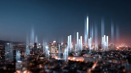 Futuristic city skyline at night with glowing abstract data bars representing financial growth and connectivity