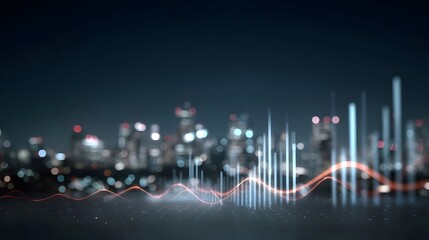 Futuristic cityscape at night with glowing digital data graphs and financial charts overlay