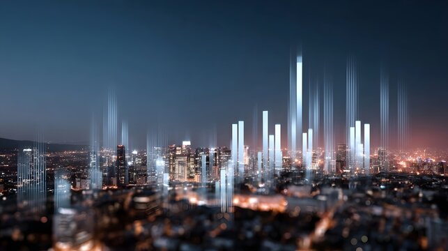 Futuristic city skyline at night with glowing abstract data bars representing financial growth and connectivity