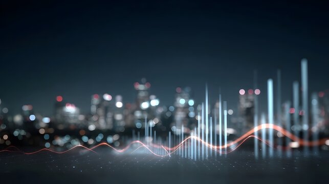 Futuristic cityscape at night with glowing digital data graphs and financial charts overlay