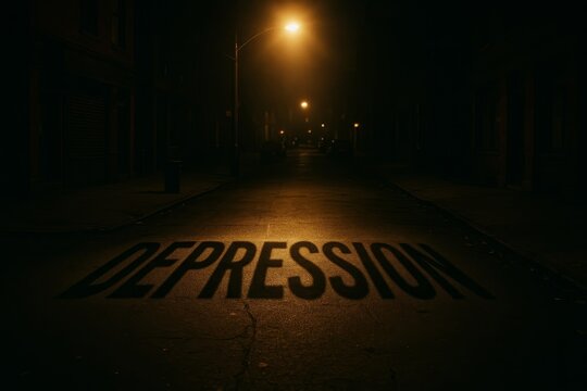 The word "DEPRESSION" is illuminated on a dark, wet street at night. A lonely streetlamp casts a harsh light, emphasizing feelings of isolation and despair.
