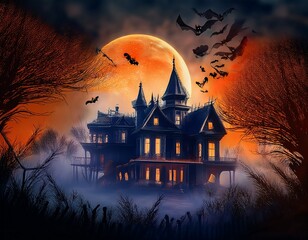 AI Generative A spooky haunted mansion looms under a giant, eerie orange moon, with bats flying ominously in the night sky.