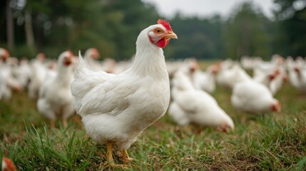 Fototapeta premium A white chicken stands prominently in a grassy field, surrounded by a flock of other chickens. The scene captures a rural farm environment.