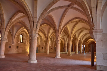 Gothic novice dormitory at Alcobaca Monastery with stone columns and a high vault in a historic Portuguese setting