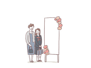 入学式、卒業式、お祝い、式典で記念撮影する親子（中学生、高校生）