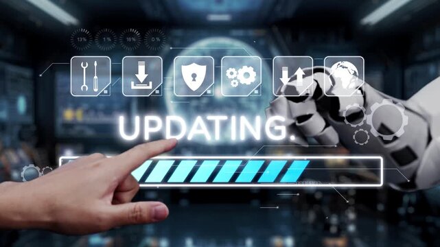 An engaging video showcasing a human hand reaching for a digital updating interface with a robotic arm in a high-tech control room, emphasizing innovation and automation. Auvana