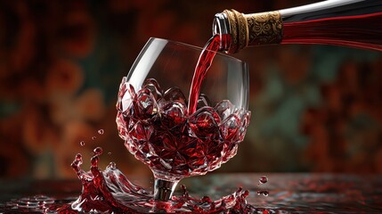 A glass being filled with rich red liquid, showcasing the splashing effect and vibrant colors in an elegant setting.