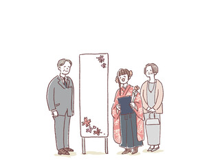 卒業式、成人式、お祝い、式典で記念撮影する親子（大学生）