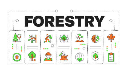 Obraz premium Forestry word concept isolated on white. Environment protection, biodiversity. Habitat restoration. Creative illustration banner surrounded by editable line colorful icons. Hubot Sans font used
