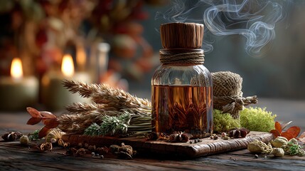 A rustic glass bottle filled with aromatic liquid, surrounded by fragrant herbs and warm candlelight, creating a tranquil atmosphere.