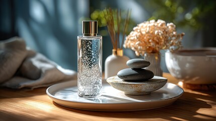 A serene arrangement featuring a decorative bottle, smooth stones, and delicate flowers, radiating tranquility and relaxation.