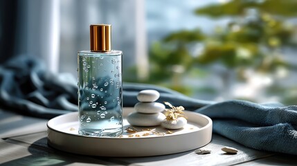 A serene arrangement of a perfume bottle, smooth stones, and a decorative plate, highlighting tranquility and simplicity in a stylish setting.