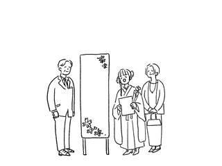 卒業式、成人式、お祝い、式典で記念撮影する親子（大学生）、線画