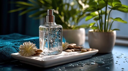 A serene setting featuring a glass perfume bottle surrounded by pebbles and flowers, perfect for relaxation and self-care themes.