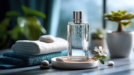 A serene spa setup featuring a glass perfume bottle, fresh towels, and a vibrant indoor plant, promoting relaxation and self-care.