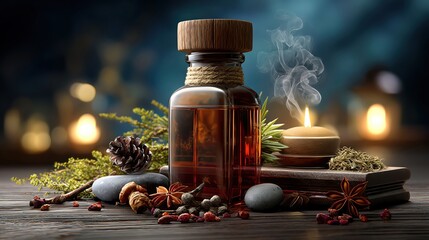 A tranquil scene featuring a scented bottle, candle, and natural elements, evoking relaxation and holistic wellness.