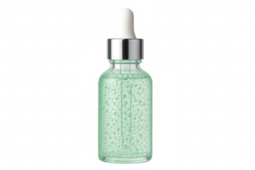 Skincare serum dropper bottle containing green liquid with bubbles, beauty cosmetic product for facial treatment, transparent background
