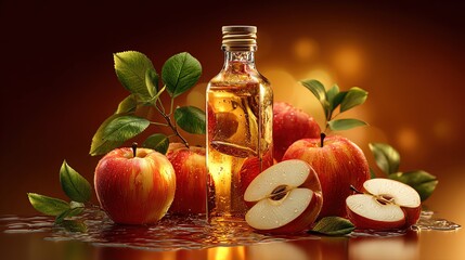 A vibrant arrangement of fresh apples and a glass bottle of apple juice, highlighting natural beauty and freshness.