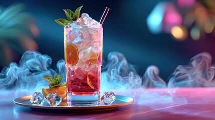A vibrant cocktail garnished with fresh mint and citrus, set against a colorful backdrop, perfect for summer vibes and celebrations.