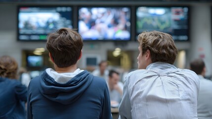 Obraz premium Two men observe multiple large digital screens displaying data and charts in a professional busy environment