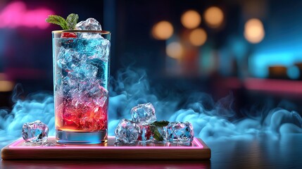 A vibrant cocktail glass filled with ice and colorful liquid, garnished with mint, creating a refreshing and enticing drink atmosphere.