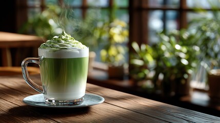 A vibrant cup of matcha latte with creamy froth, set in a cozy cafe environment, perfect for lovers of green tea beverages.