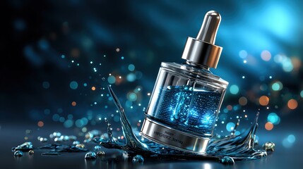 A vibrant droplet bottle with a splash of liquid against a striking blue background, capturing the essence of fluid beauty.
