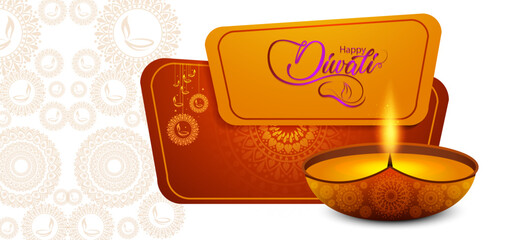 Happy Diwali Greeting Card Background with Glowing Diya Lamp, Ornate Orange Mandala Pattern, Warm Festive Lights, and Elegant Indian Festival of Lights Celebration Design