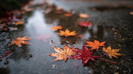 雨上がりの水たまりに浮かぶ紅葉
