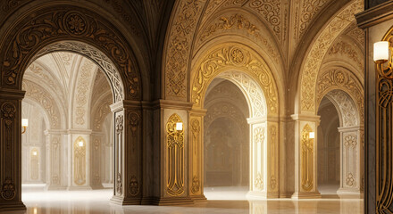 Opulent Golden Archways: Majestic Palace Hall Interior