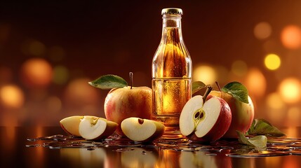 Fresh apples and a sparkling bottle of apple juice, highlighting rich colors and inviting textures for a delightful beverage experience.