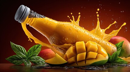 Refreshing mango juice bursts from a bottle, surrounded by fresh mango slices and mint leaves, capturing the essence of summer.