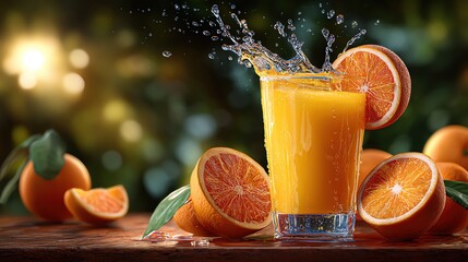 Refreshing orange juice splashing in a glass, surrounded by fresh oranges. Perfect for tropical settings and summer vibes.