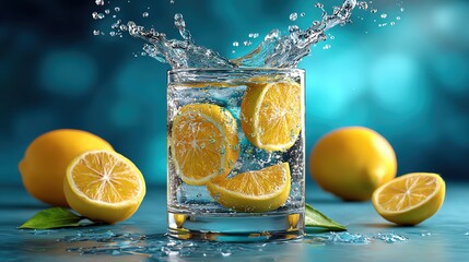 Refreshing splash of lemon slices in a glass of water, capturing the essence of summer in a vibrant and lively setting.