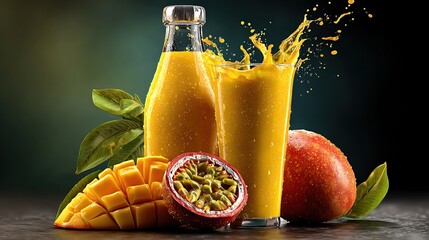 Vibrant mango juice splash with fresh fruits. Perfect for summer refreshment or smoothies. Enjoy the tropical taste!