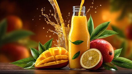 Vibrant mango juice splashing from a bottle, surrounded by fresh fruits and leaves, evoking a sense of tropical freshness.