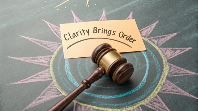 Gavel on Chalkboard with Inspiring Words Highlighting Importance of Order and Clarity in Law and Justice System