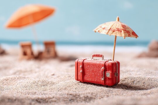 Miniature travel scene depicting a red suitcase under a tiny umbrella on sandy beach with distant lounge chairs, emphasizing the importance of travel insurance for a worry-free vacation - Powered by Adobe