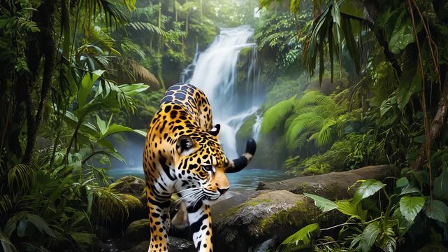 Majestic jaguar walking across mossy rocks in a lush tropical rainforest with a powerful cascading waterfall.