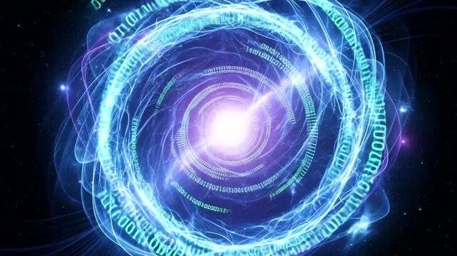 Dynamic futuristic digital data flow vortex animation, with binary code and energy streams data