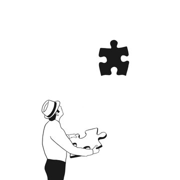 illustration of man holds piece puzzle shape of sky 