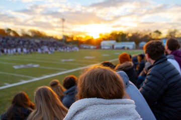 Exciting High School Football Game Unfolds at Sunset With Cheering Fans