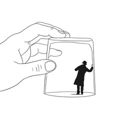 illustration of little man trapped in a glass, surreal concept