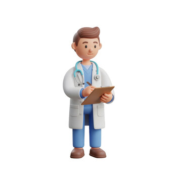 3D Cute Doctor Character Writing on Clipboard with Stethoscope