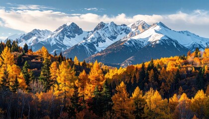 Vibrant Autumn Landscape Featuring Snow Capped Mountains and Golden Trees Under a Cloudy Sky in Daytime Sunlight