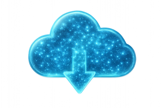 Bright blue digital cloud with glowing arrow symbolizing online data download, cloud computing, and digital storage